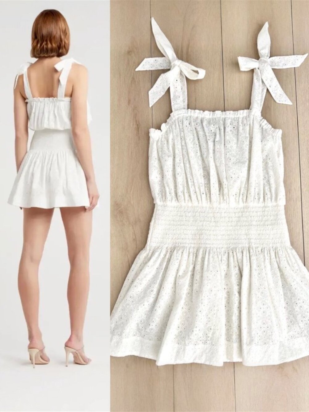 NWT Ramy Brook Laurel Smocked Women's XL 100% Cotton White Eyelet Mini Dress